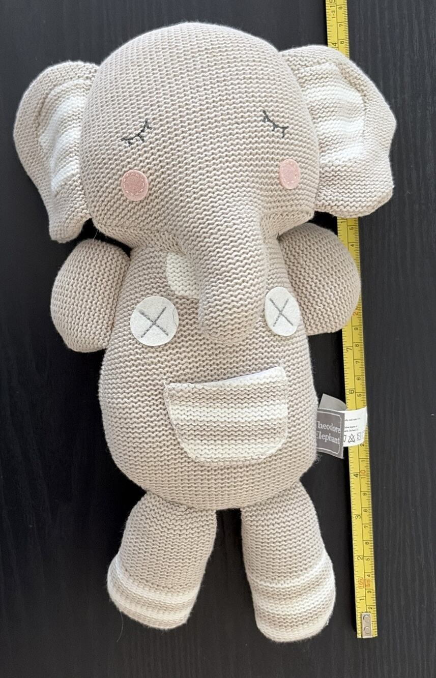 Theodore Elephant Rattle Plush 13" Gray Knitted Lovey 2023 Living Textiles (D)
